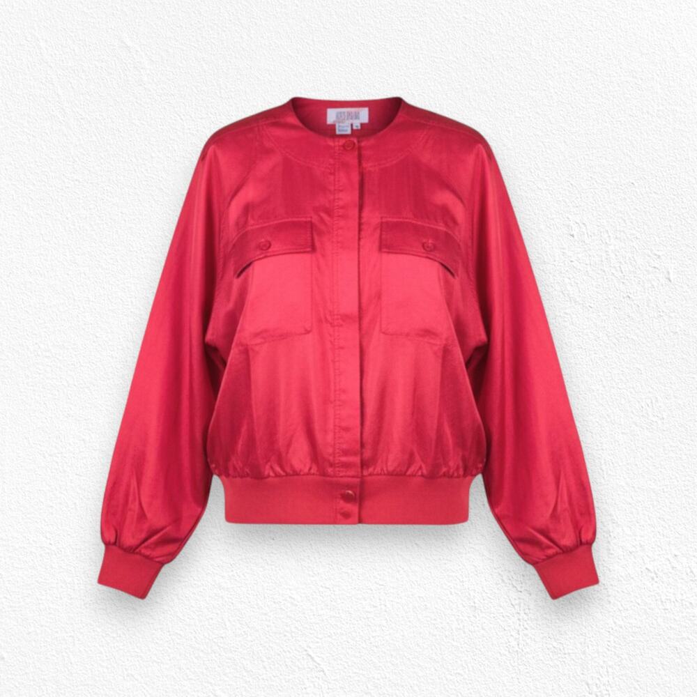 80s Vintage Bright Cherry Red Hidden Button Crewneck Bomber Jacket Size 2X